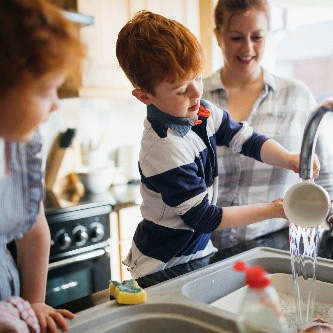 Children and adult using a sink